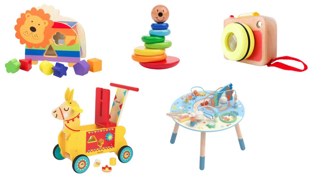 A range of colourful wooden toys