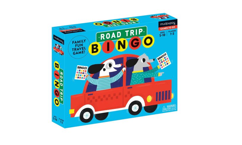 box for road trip bingo, with two cartoon dogs looking out the car window