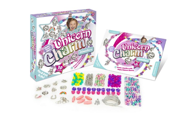 the outer box for the unicorn charm jewellery set, along with some of the charms it contains inside. 
