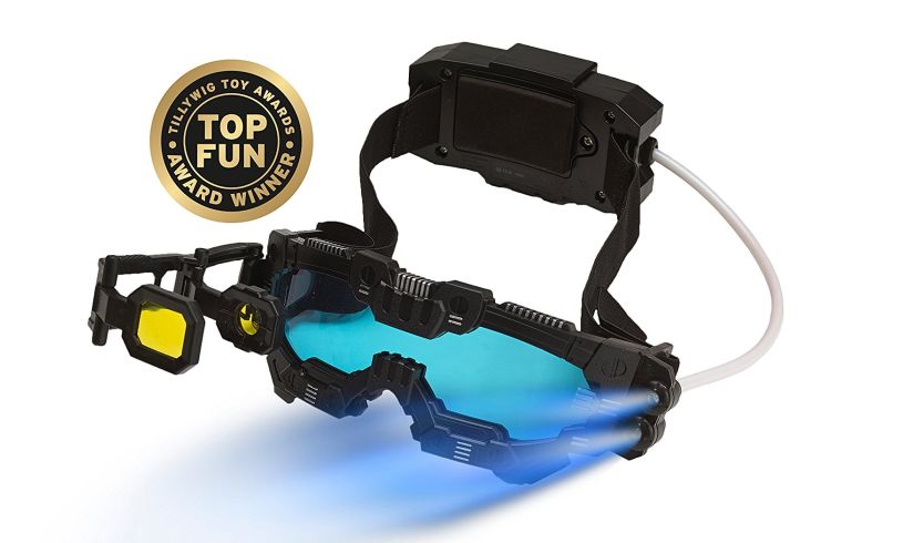 the spy mission, night vision goggles with the blue LED light shining out of them