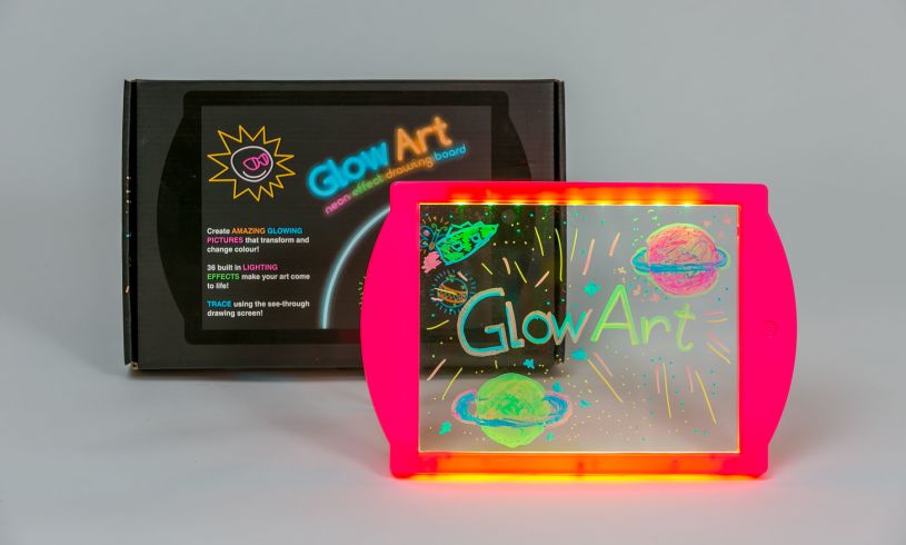 the glow art drawing board with writing on it saying 'glow art'