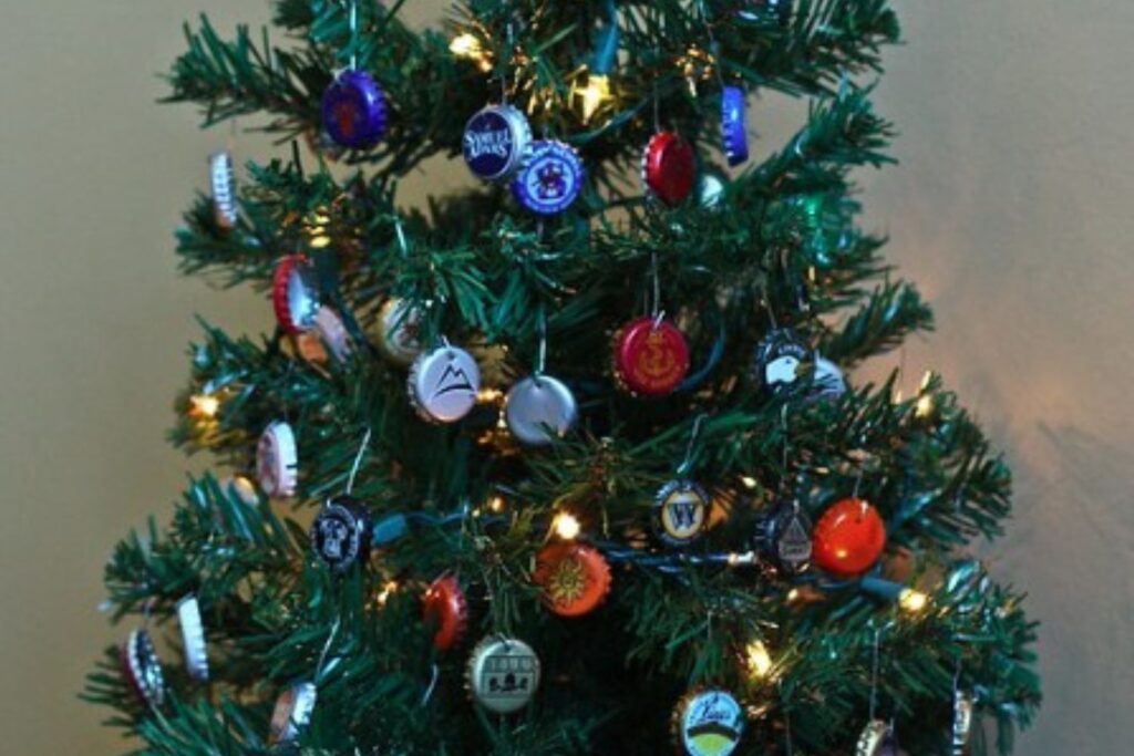 Christmas tree decorated with bottle tops