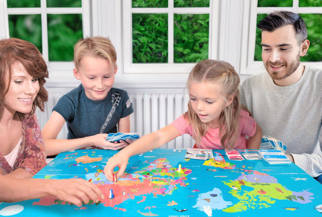 Family playing geography game
